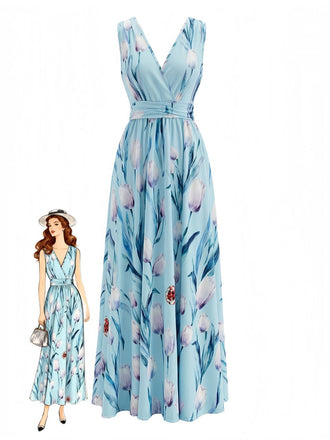 Blaues 30er Maxikleid mit V-Ausschnitt und Blumen
