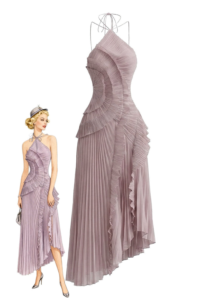 1930er Neckholder Rüschen Plissiertes Maxikleid mit Schlitz