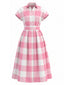 Rosa 50er Gingham-Shirtkleid mit Revers und Kappärmel