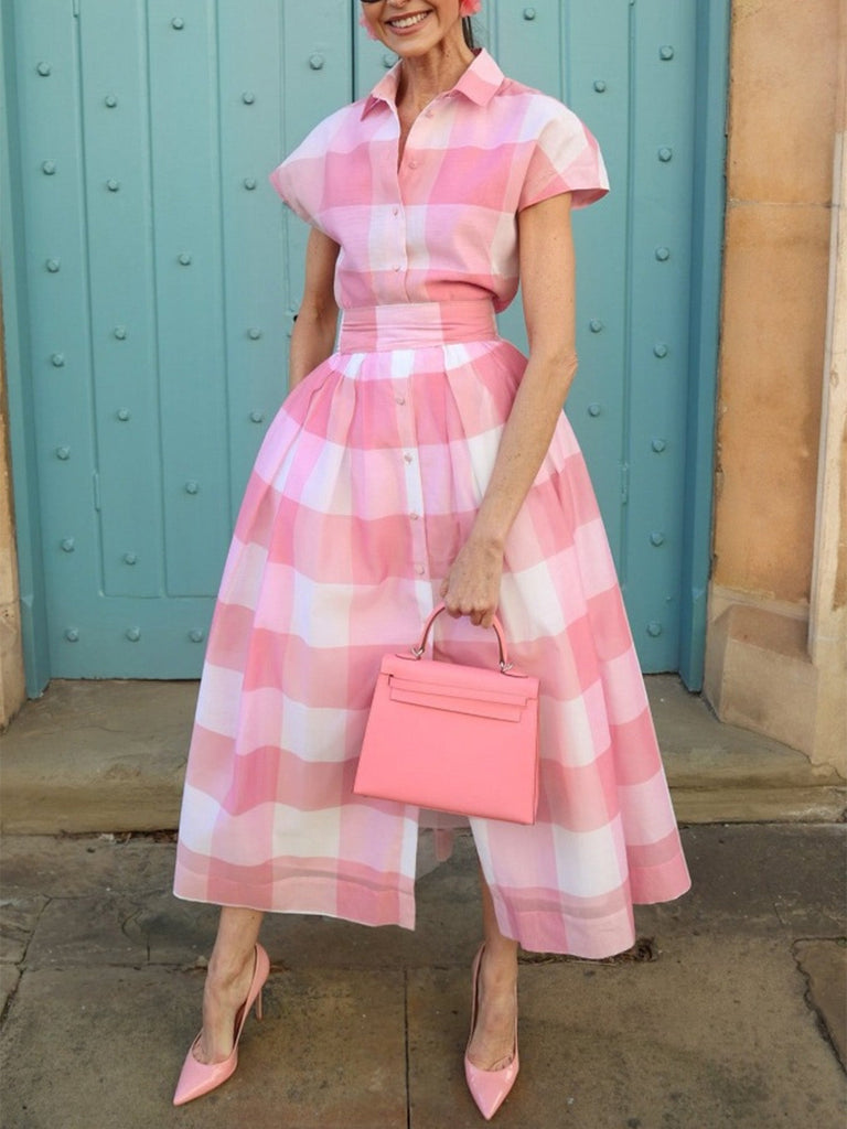 Rosa 50er Shirtkleid mit Flügelärmel und Gingham