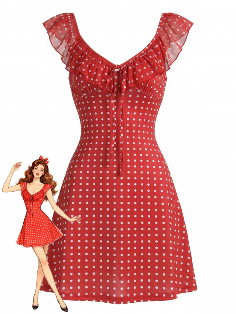 Rotes 60er Kleid mit Polka-Dots und Rüschen
