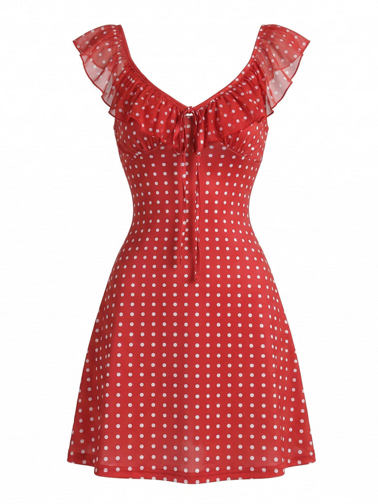 Rotes 60er Kleid mit Polka-Dots und Rüschen