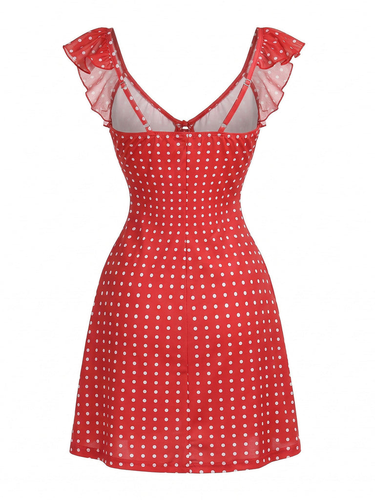 Rotes 60er Kleid mit Polka-Dots und Rüschen