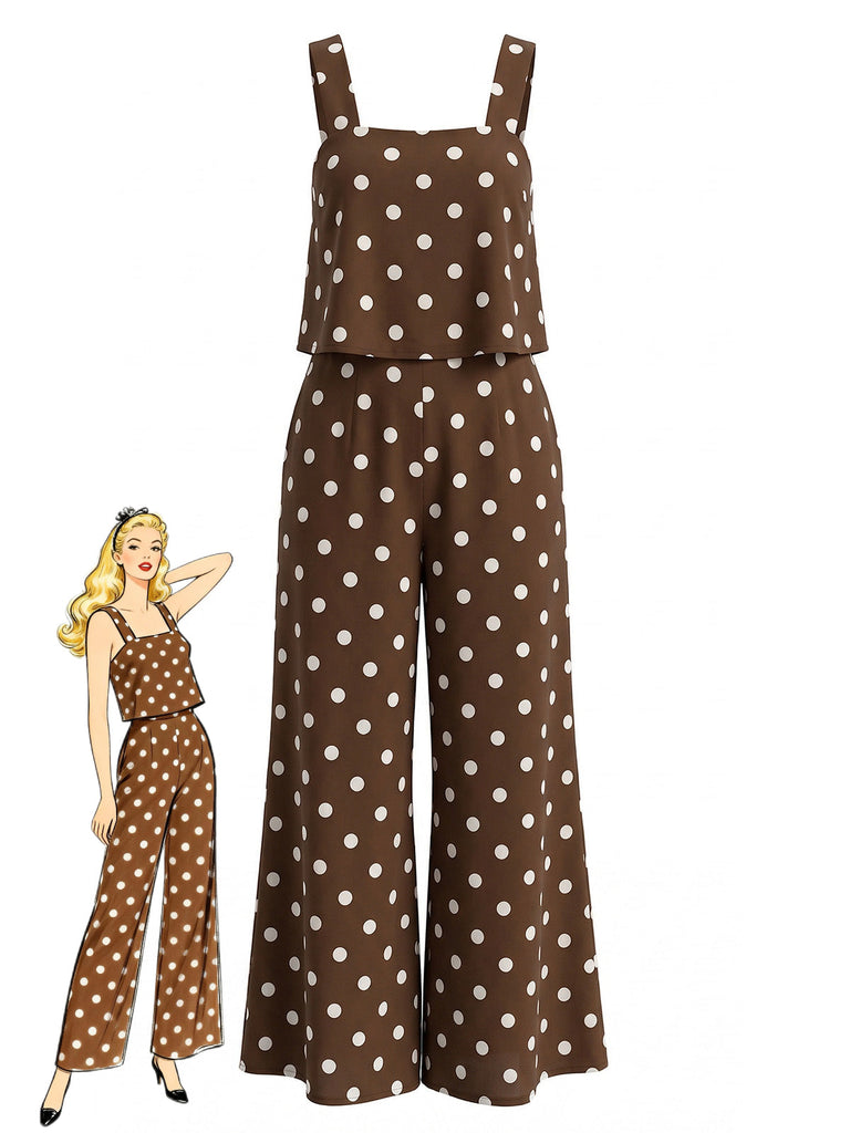 Brauner 30er Jumpsuit mit Polka-Dots und Riemen