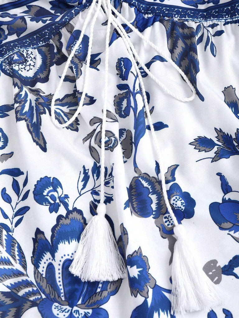 Blaues 1970er Porzellan Boho Neckholder Kleid