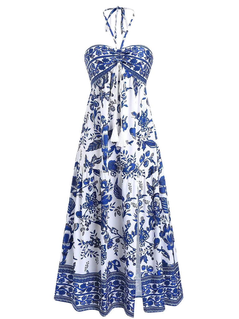Blaues 1970er Porzellan Boho Neckholder Kleid