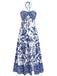 Blaues 1970er Porzellan Boho Neckholder Kleid