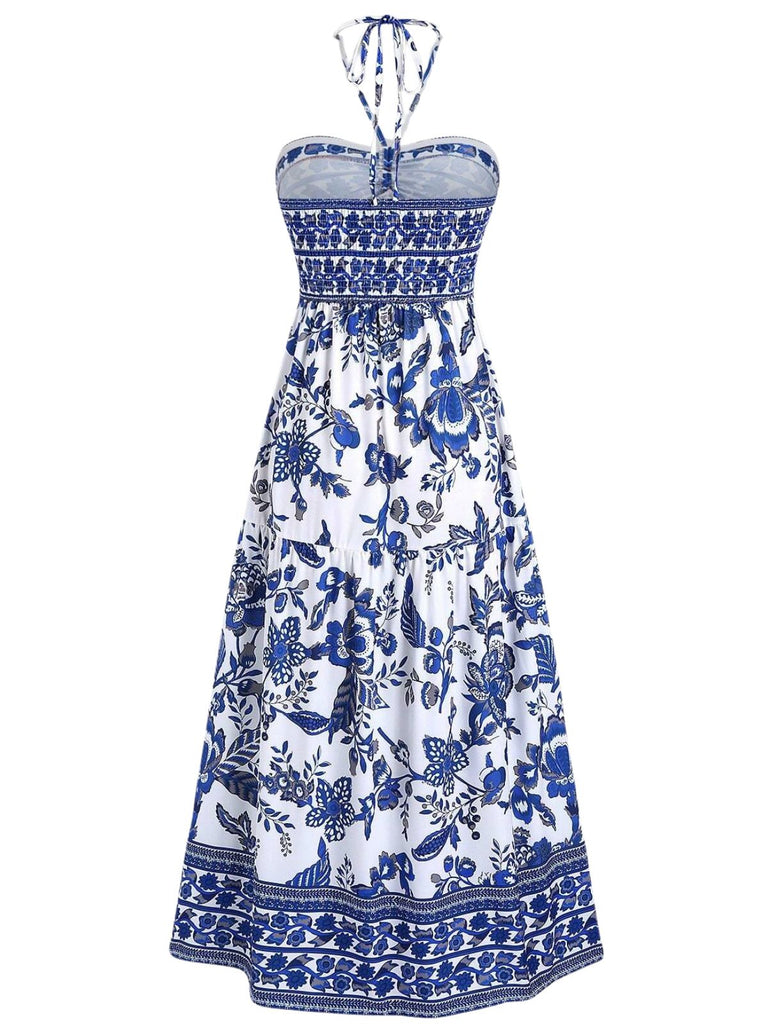 Blaues 1970er Porzellan Boho Neckholder Kleid