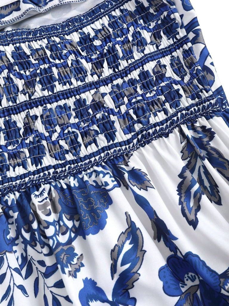 Blaues 1970er Porzellan Boho Neckholder Kleid