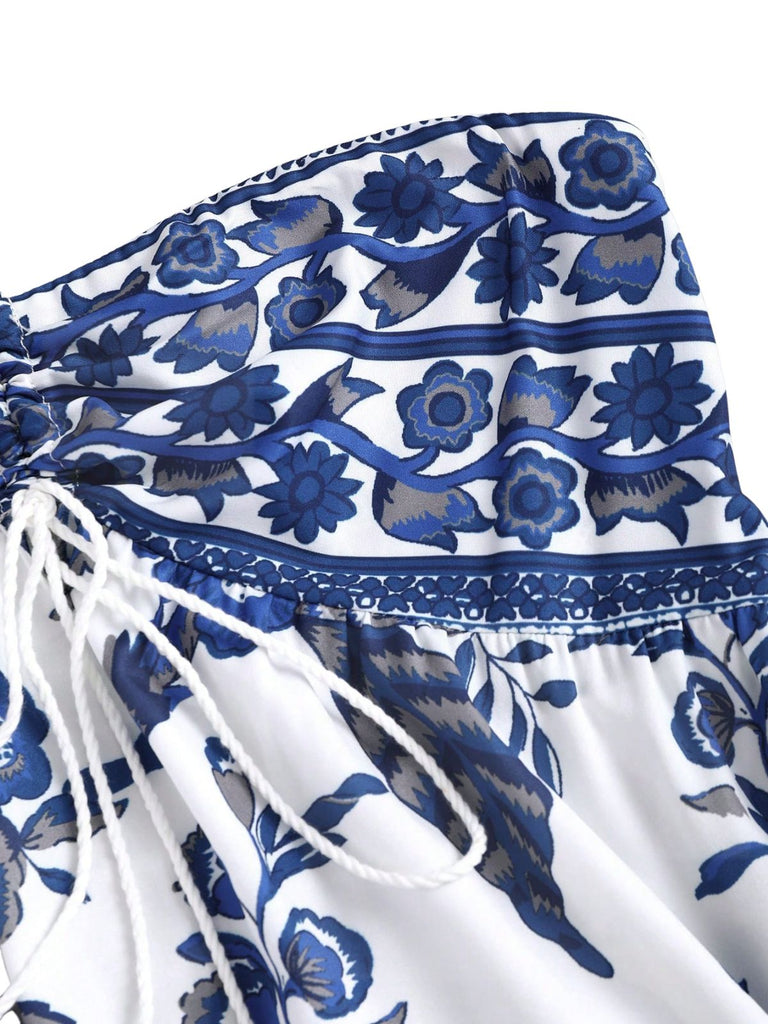 Blaues 1970er Porzellan Boho Neckholder Kleid
