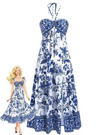 Blaues 1970er Porzellan Boho Neckholder Kleid
