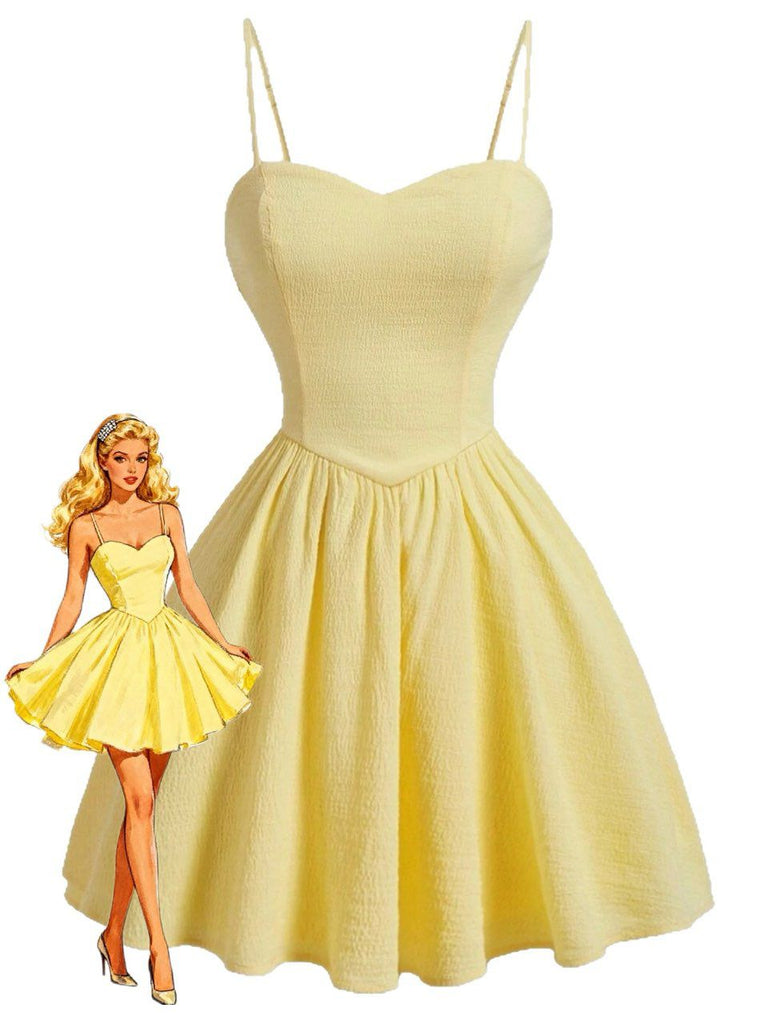 Gelbes 50er Swingkleid mit Spaghettiträger und Herzausschnitt