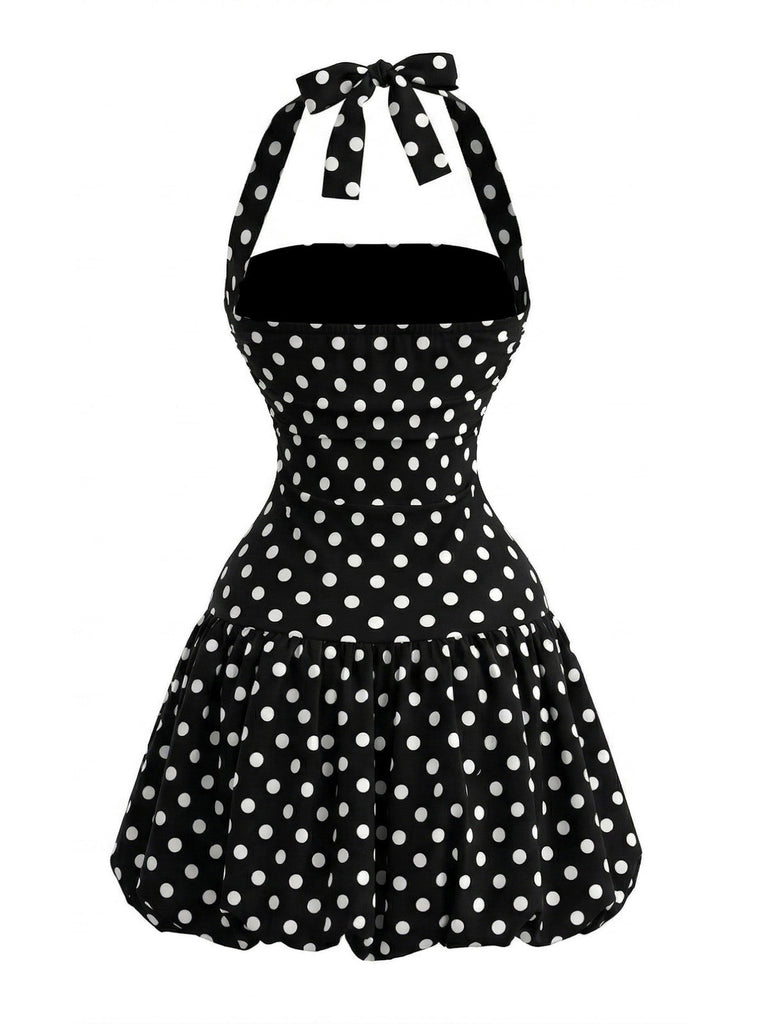 Schwarzes 60er Kleid mit Polka-Dots und Neckholder