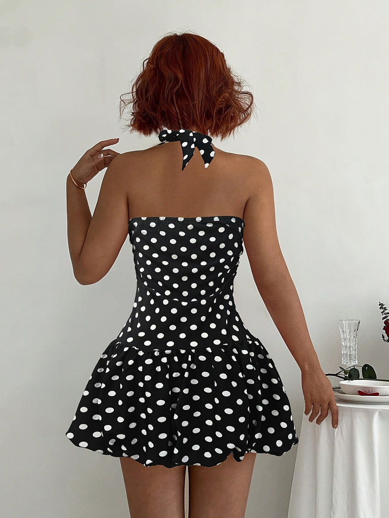 Schwarzes 60er Kleid mit Polka-Dots und Neckholder