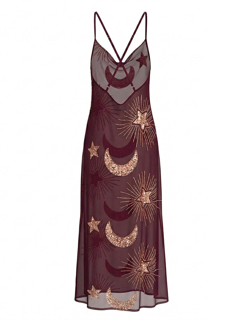 1970er Sheer Celestial Besticktes Pailletten Maxi Cover-Up Kleid