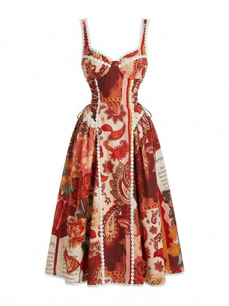 Rotes 50er Kleid mit Herzausschnitt und Blumen