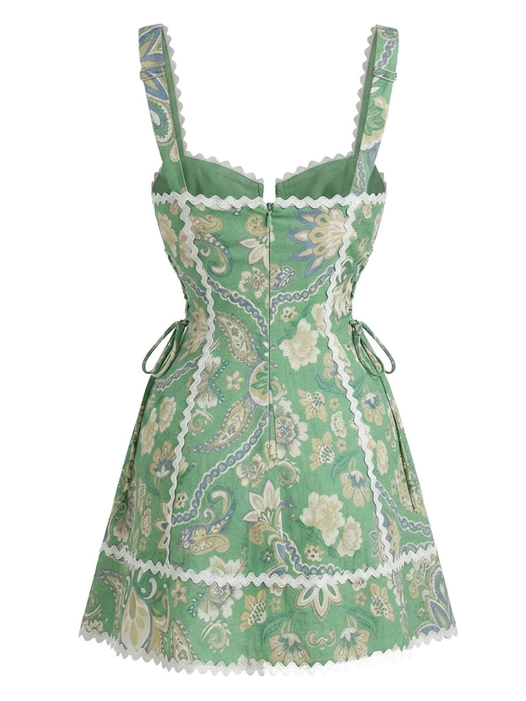 Grünes 70er Boho Minikleid mit Spaghettiträger und Blumen