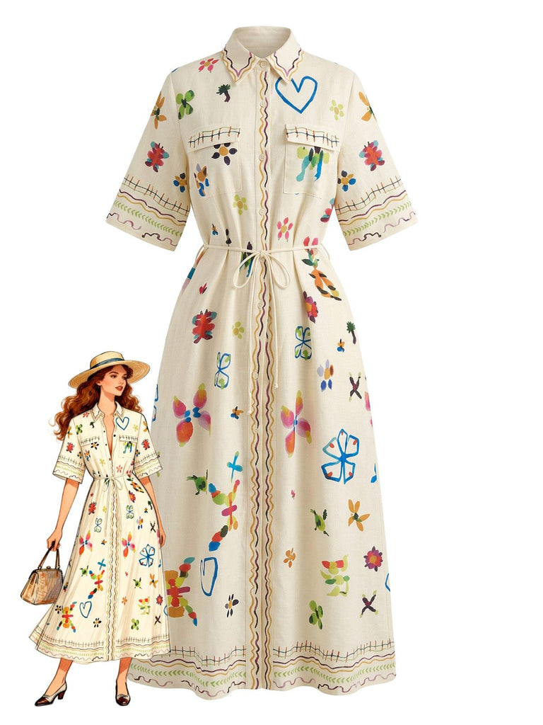 Beiges 70er Hemd-Maxikleid mit Folk-Blumen
