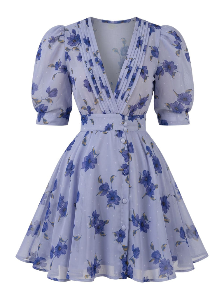 Blaues 50er Kleid mit Puffärmel und V-Ausschnitt