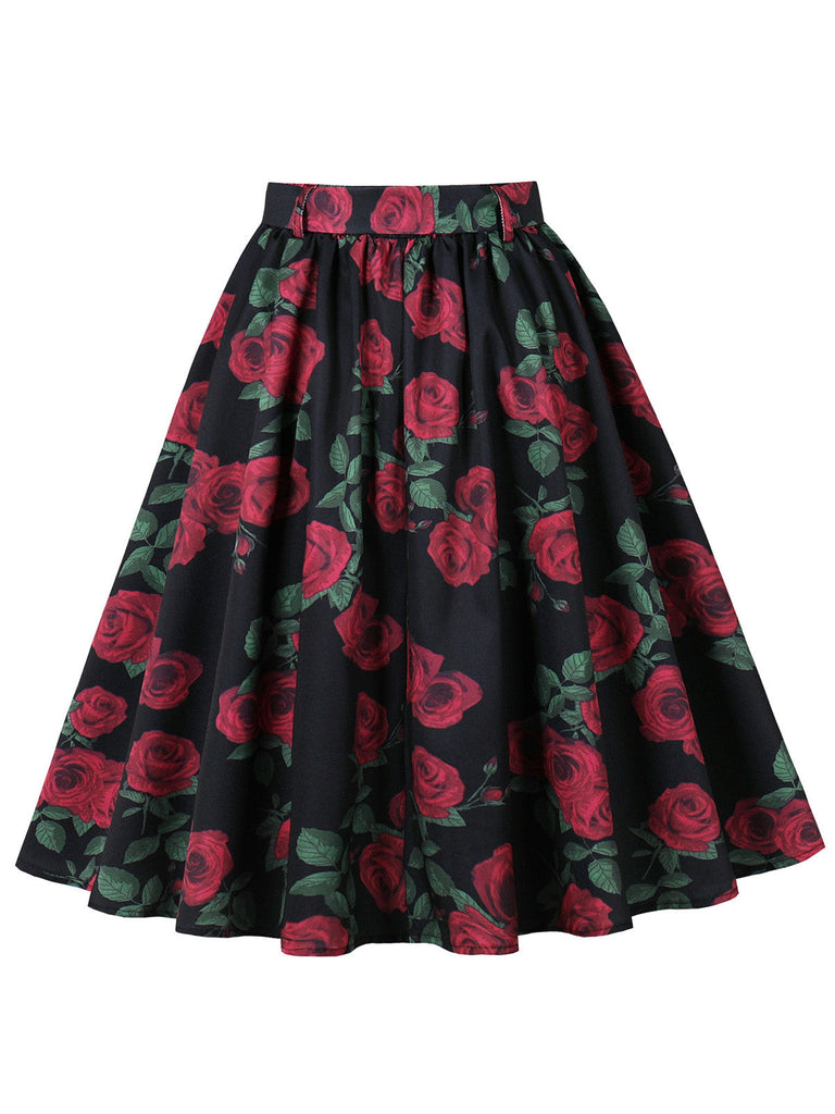 Roter 50er Plisseerock mit Rosen-Print