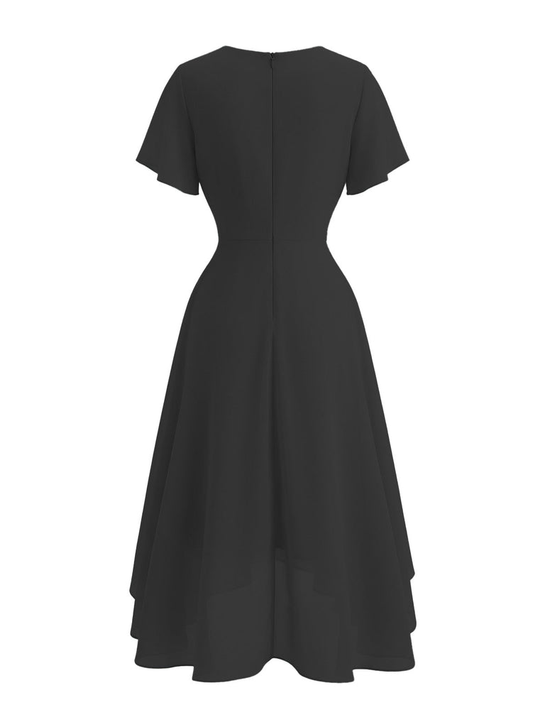 50er Chiffon-Kleid mit V-Ausschnitt und Rüschen