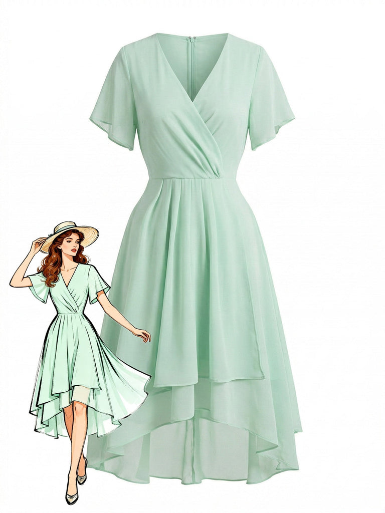 50er Chiffon-Kleid mit V-Ausschnitt und Rüschen