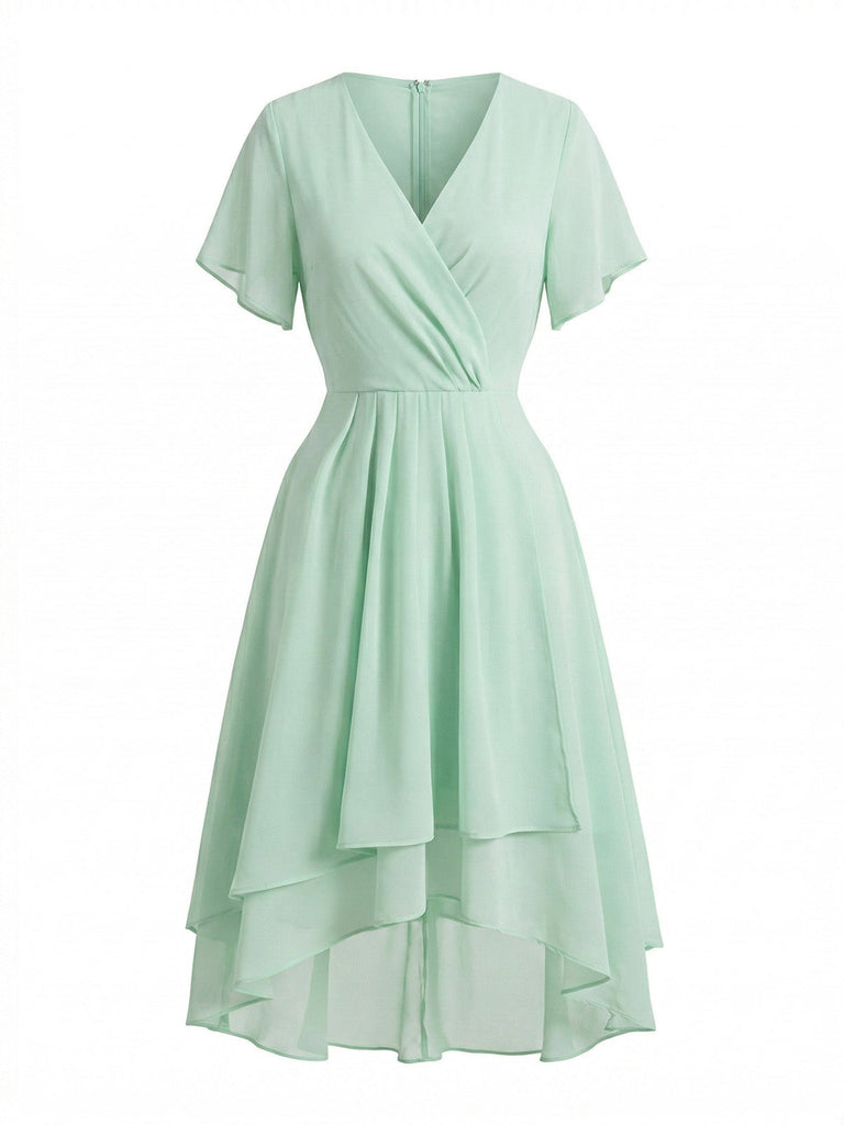 50er Chiffon-Kleid mit V-Ausschnitt und Rüschen