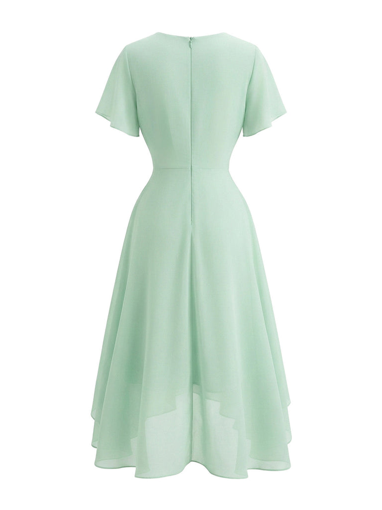 50er Chiffon-Kleid mit V-Ausschnitt und Rüschen