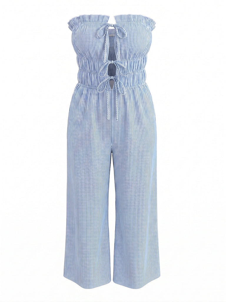 Hellblauer 50er Trägerloser Jumpsuit mit Streifen und Vorderbindung
