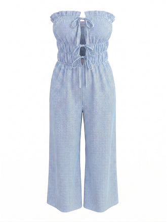 Hellblauer 50er Trägerloser Jumpsuit mit Streifen und Vorderbindung