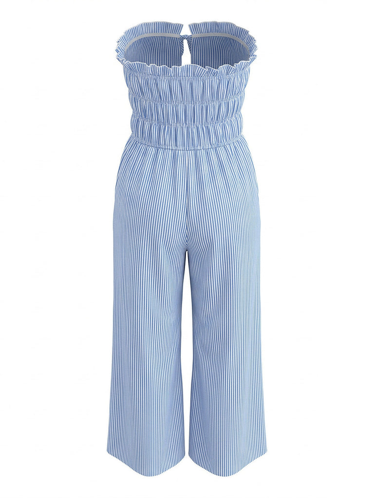 Hellblauer 50er Trägerloser Jumpsuit mit Streifen und Vorderbindung