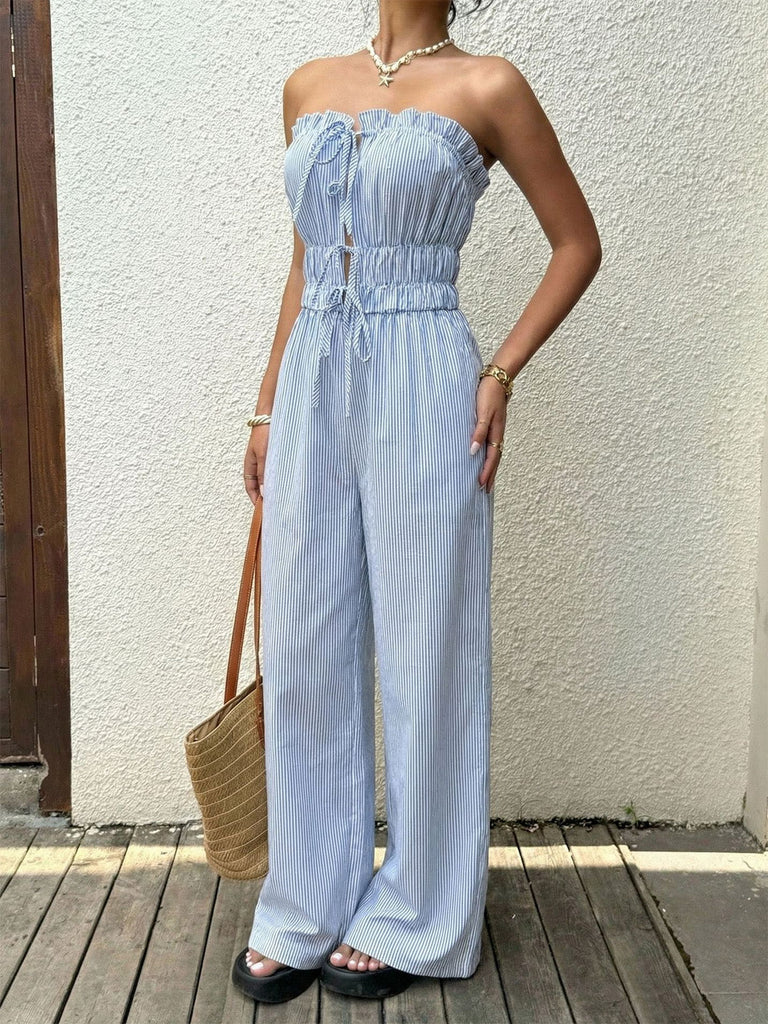 Hellblauer 50er Trägerloser Jumpsuit mit Streifen und Vorderbindung