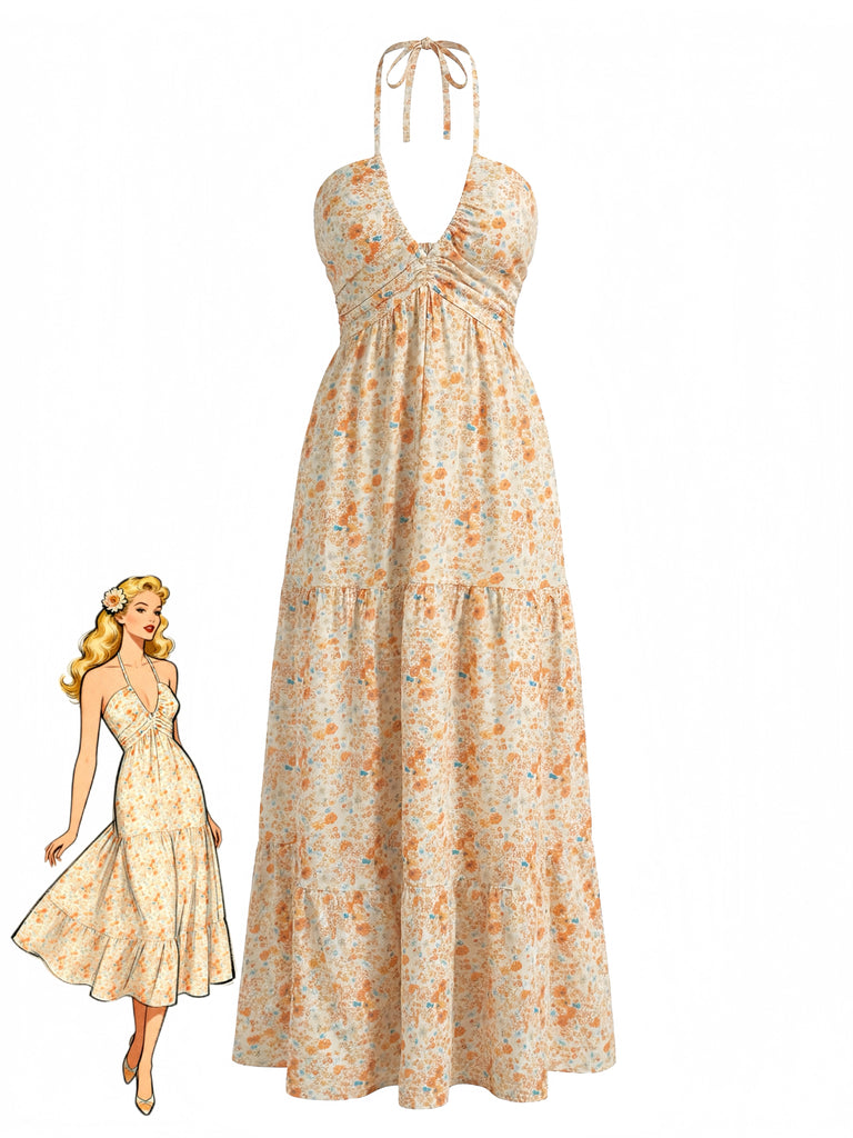 Orange 40er Kleid mit Neckholder und Blumen
