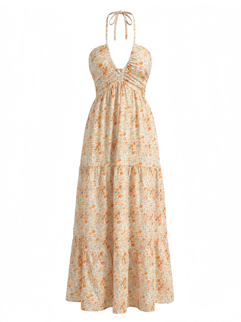 Orange 40er Kleid mit Neckholder und Blumen