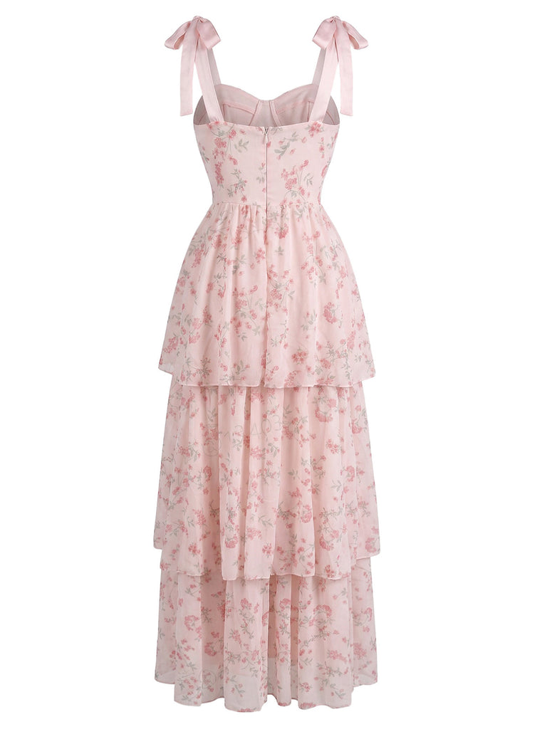 Rosa 40er Netz-Midikleid mit Blumen und Bindeband