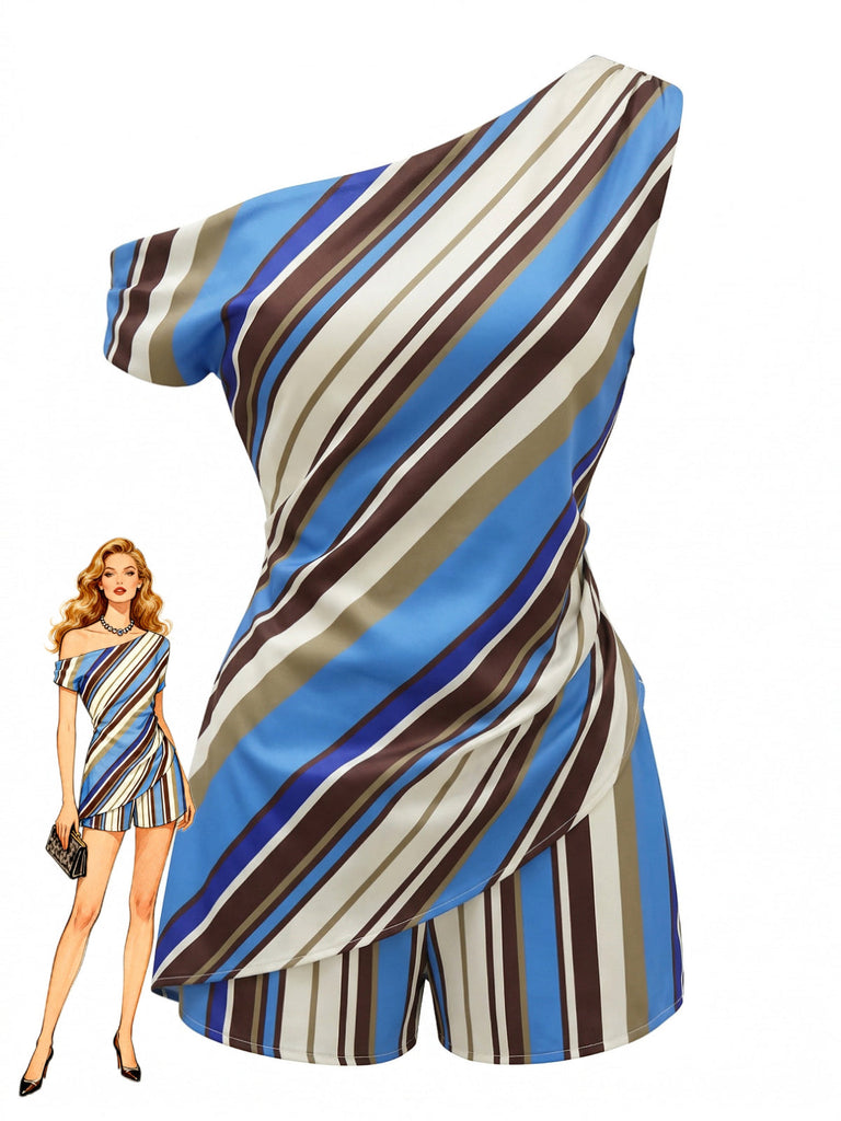 40er Top & Shorts mit Streifen und One-Shoulder
