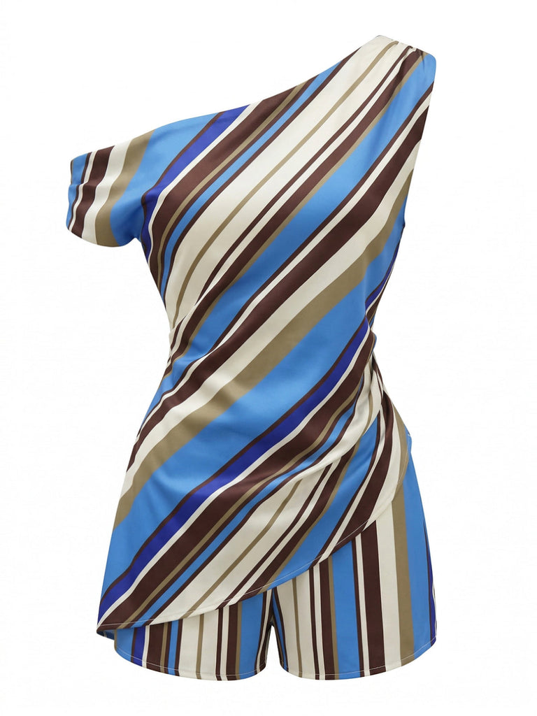 40er Top & Shorts mit Streifen und One-Shoulder