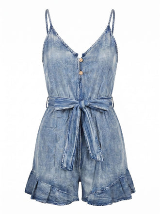 50er Vintage Jeans-Romper mit Rüschen und Taillenbinde