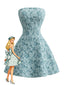 Blaues 60er trägerloses Minikleid mit floralem Jacquard