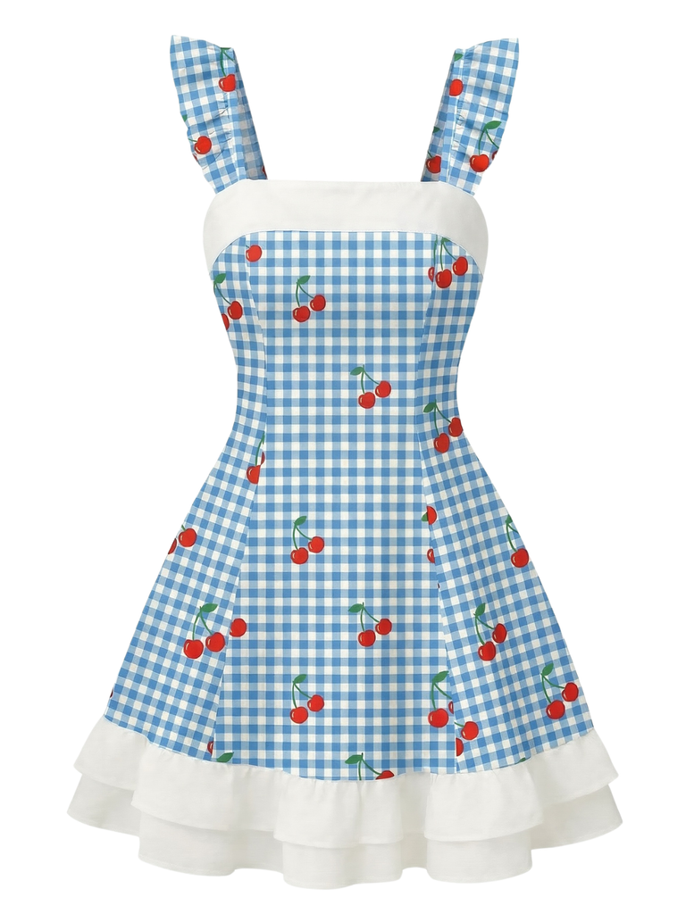 Blaues 60er Kleid mit Rüschen und Gingham