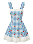 Blaues 60er Kleid mit Rüschen und Gingham