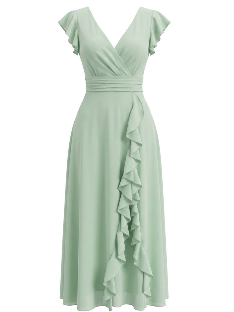 Grünes & Mintgrünes 30er Chiffon-Kleid mit V-Ausschnitt und Rüschen