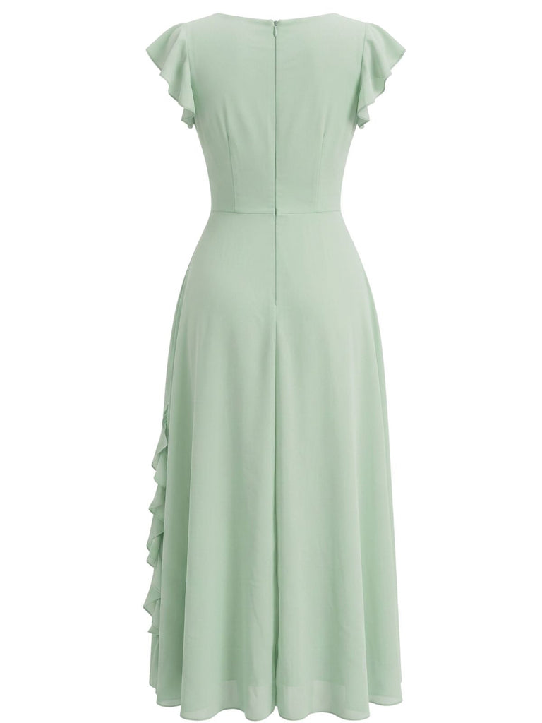 Grünes & Mintgrünes 30er Chiffon-Kleid mit V-Ausschnitt und Rüschen