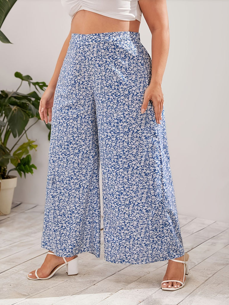 [Übergröße] Blaue 50er Hose mit Ditsy-Blumen und Hohe Taille