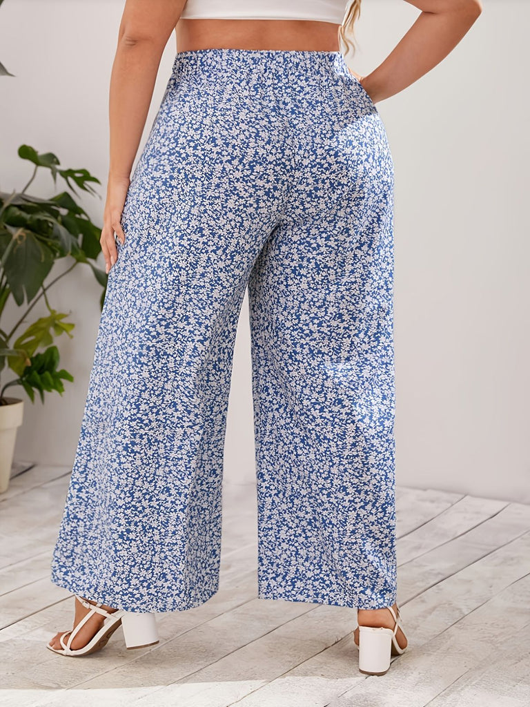 [Übergröße] Blaue 50er Hose mit Ditsy-Blumen und Hohe Taille