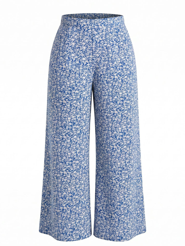 [Übergröße] Blaue 50er Hose mit Ditsy-Blumen und Hohe Taille
