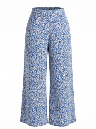 [Übergröße] Blaue 50er Hose mit Ditsy-Blumen und Hohe Taille