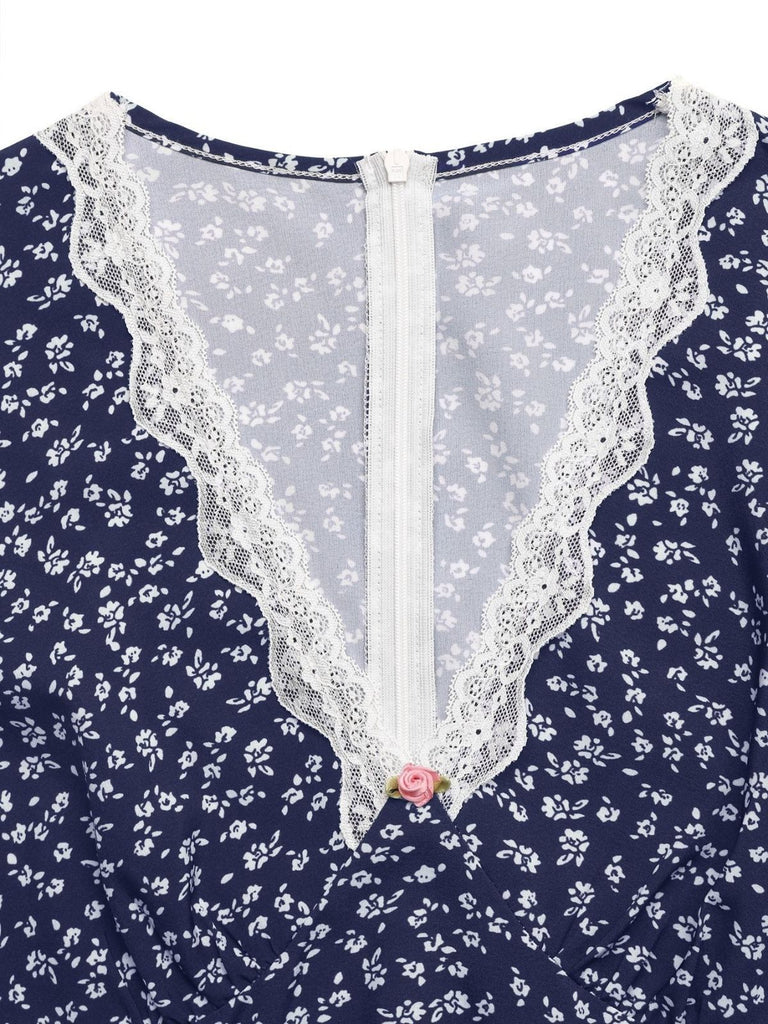 Dunkelblaues 40er Kleid mit V-Ausschnitt und Blumen