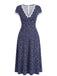 Dunkelblaues 40er Kleid mit V-Ausschnitt und Blumen
