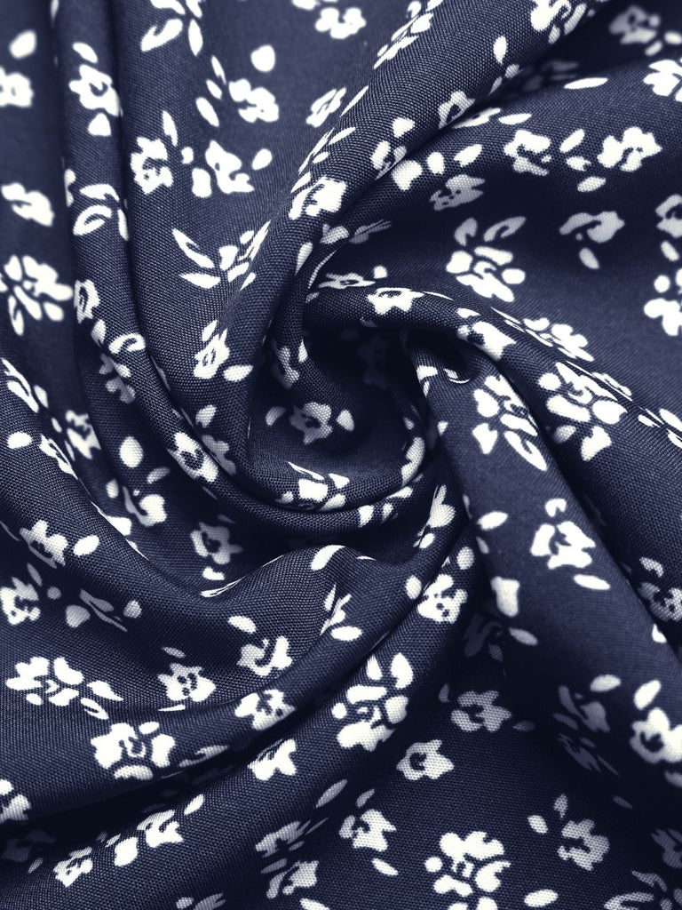 Dunkelblaues 40er Kleid mit V-Ausschnitt und Blumen